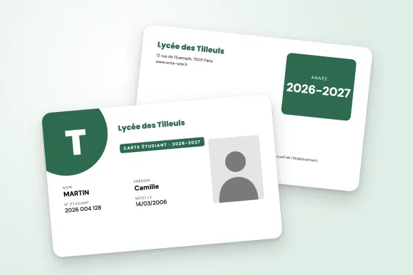 Design « Lycée des Tilleuls » pour carte étudiant à commander en ligne (lycées et collèges, grande initiale, vert forêt)