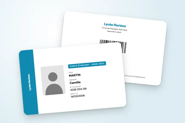 Design « Lycée Horizon » pour carte étudiant à commander en ligne (lycées et collèges, bande latérale, nom vertical, bleu pétrole)