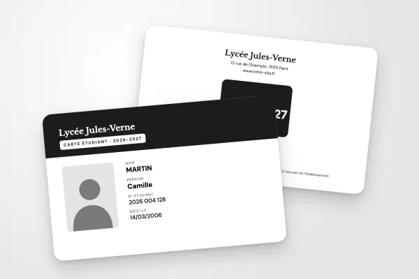 Design « Lycée Jules-Verne » pour carte étudiant à commander en ligne (lycées et collèges, bandeau, noir et blanc)