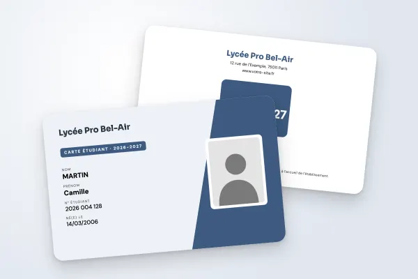 Design « Lycée Pro Bel-Air » pour carte étudiant à commander en ligne (lycées et collèges, bloc oblique, photo encadrée, bleu acier)