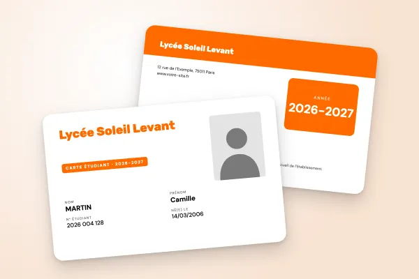 Design « Lycée Soleil Levant » pour carte étudiant à commander en ligne (lycées et collèges, nom en grand, champs sur deux colonnes, orange)
