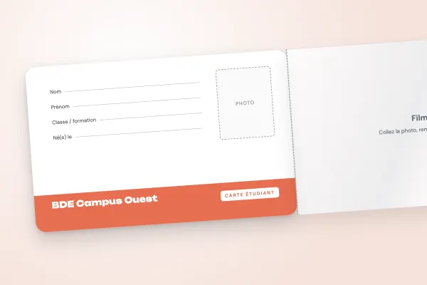 Design « BDE Campus Ouest » pour carte étudiant à commander en ligne (cartes à rabat adhésif, inscriptible, bandeau bas corail)