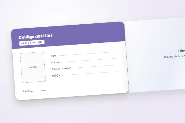 Design « Collège des Lilas » pour carte étudiant à commander en ligne (cartes à rabat adhésif, inscriptible, bandeau lilas)