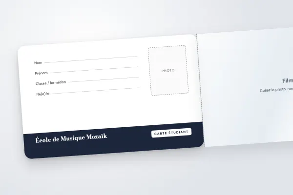 Design « École de Musique Mozaïk » pour carte étudiant à commander en ligne (cartes à rabat adhésif, inscriptible, bandeau bas bleu nuit)