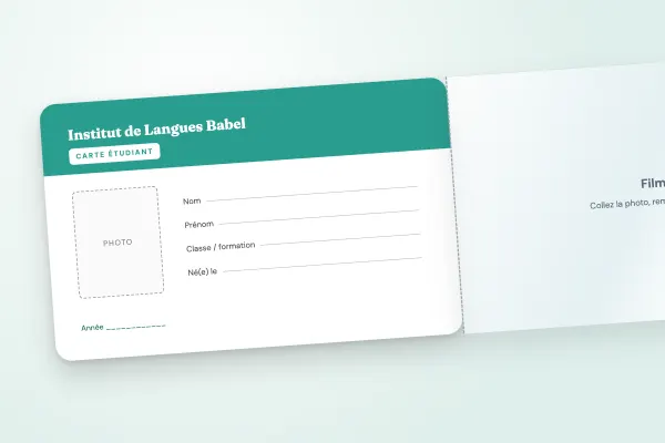 Design « Institut de Langues Babel » pour carte étudiant à commander en ligne (cartes à rabat adhésif, inscriptible, bandeau vert)