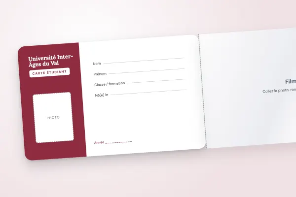 Design « Université Inter-Âges du Val » pour carte étudiant à commander en ligne (cartes à rabat adhésif, inscriptible, colonne bordeaux)