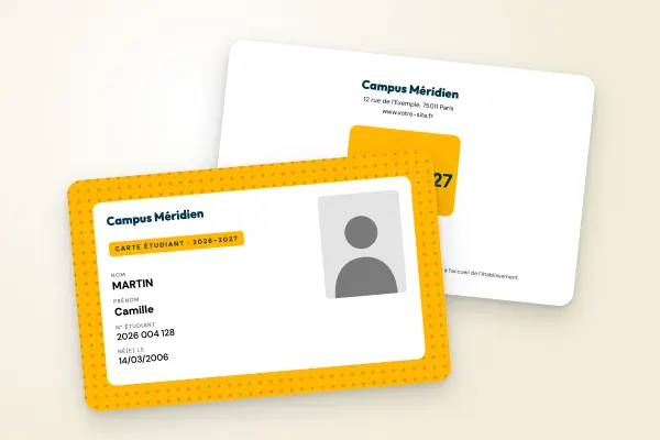 Design « Campus Méridien » pour carte étudiant à commander en ligne (universités, motif plein, panneau clair, jaune)