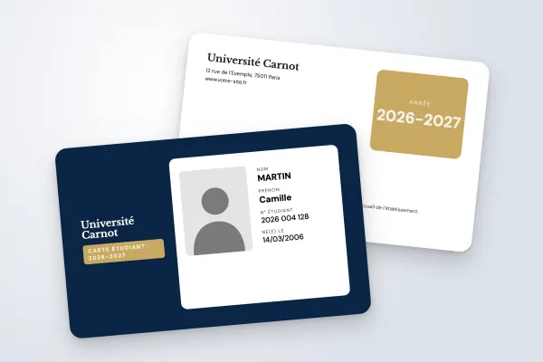 Design « Université Carnot » pour carte étudiant à commander en ligne (universités, fond sombre, nuit et or)
