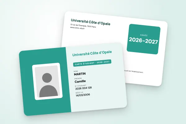Design « Université Côte d’Opale » pour carte étudiant à commander en ligne (universités, moitié couleur, photo encadrée, vert d’eau)