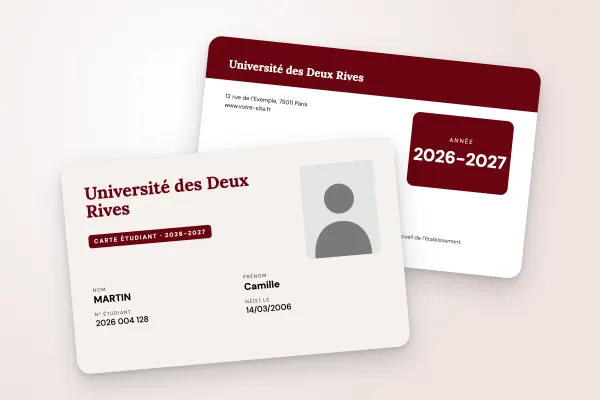 Design « Université des Deux Rives » pour carte étudiant à commander en ligne (universités, nom en grand, champs sur deux colonnes, bordeaux)