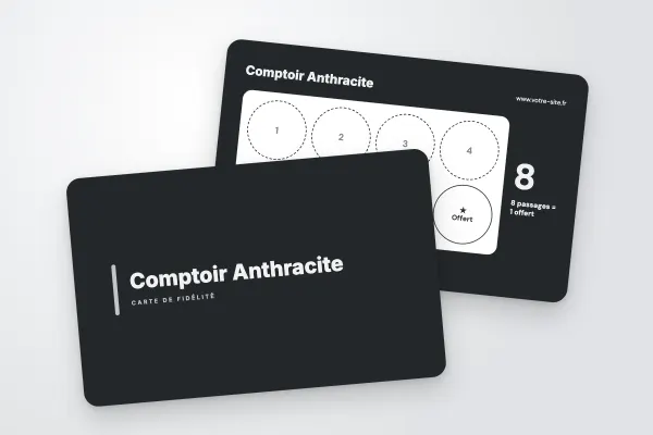 Design « Comptoir Anthracite » pour carte de fidélité à commander en ligne (boutiques et commerces, barre d’accent, anthracite)