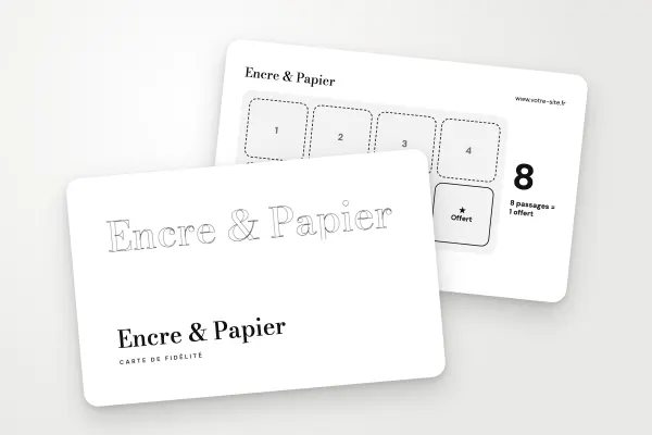 Design « Encre & Papier » pour carte de fidélité à commander en ligne (boutiques et commerces, nom en contour, noir et blanc)