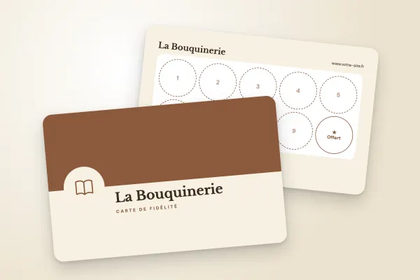 Design « La Bouquinerie » pour carte de fidélité à commander en ligne (boutiques et commerces, médaillon, papier ancien)