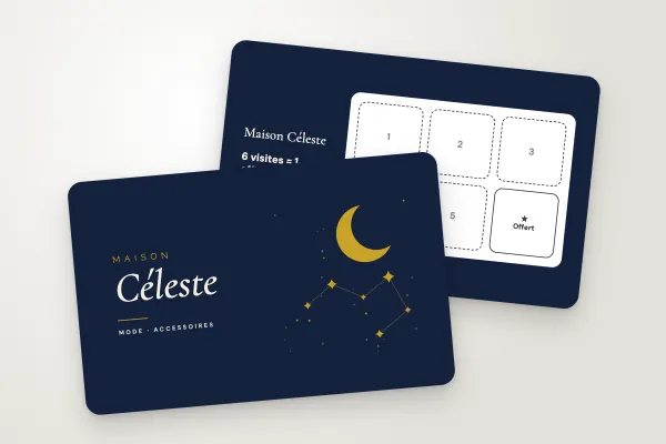 Design « Maison Céleste » pour carte de fidélité à commander en ligne (boutiques et commerces, lune et constellation, nuit et or)