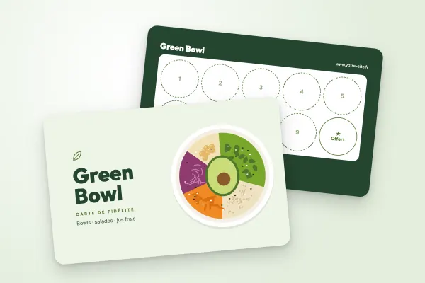 Design « Green Bowl » pour carte de fidélité à commander en ligne (cafés et restaurants, bowl illustré vu du dessus)