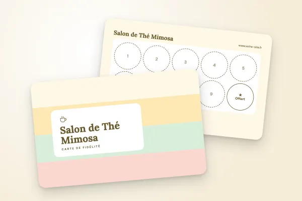 Design « Salon de Thé Mimosa » pour carte de fidélité à commander en ligne (cafés et restaurants, bandes pastel, à tamponner)