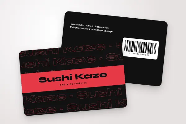 Design « Sushi Kaze » pour carte de fidélité à commander en ligne (cafés et restaurants, nom répété, noir et rouge)