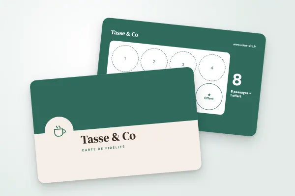 Design « Tasse & Co » pour carte de fidélité à commander en ligne (cafés et restaurants, médaillon, vert café)
