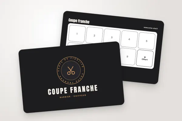 Design « Coupe Franche » pour carte de fidélité à commander en ligne (beauté et coiffure, écusson rond « carte de fidélité », noir et cuivre)