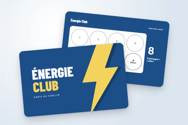 Design « Énergie Club » pour carte de fidélité à commander en ligne (sport et loisirs, éclair géant, bleu et jaune)