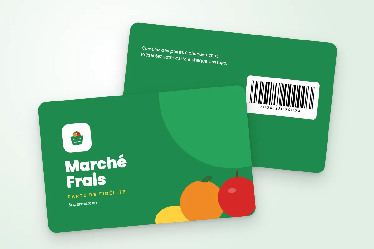 Design « Marché Frais » pour carte de fidélité à commander en ligne (supermarchés et épiceries, panier et fruits illustrés, vert et jaune)