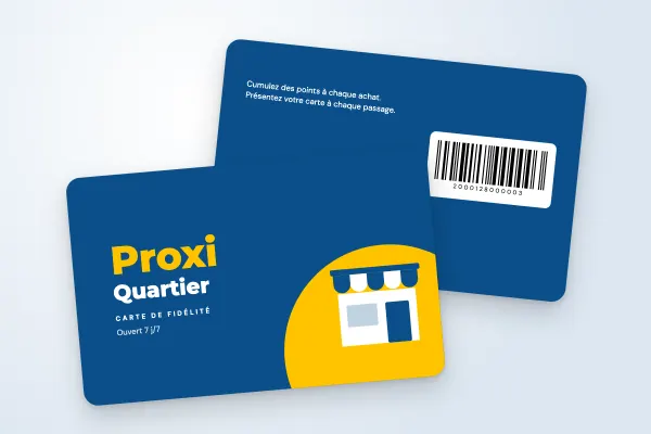 Design « Proxi Quartier » pour carte de fidélité à commander en ligne (supermarchés et épiceries, devanture illustrée, bleu et jaune)