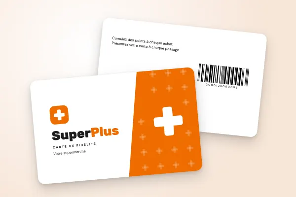 Design « SuperPlus » pour carte de fidélité à commander en ligne (supermarchés et épiceries, logo plus, orange et blanc)