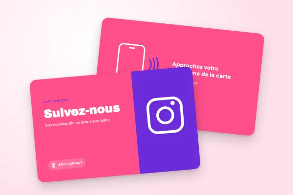 Design « Pop Concept » pour carte NFC à commander en ligne (boutiques et commerces, réseaux sociaux, rose et violet)