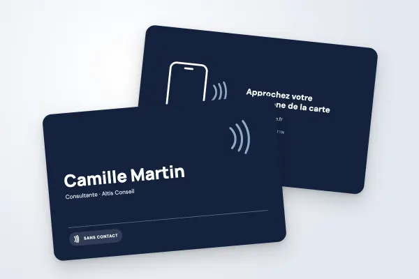 Design « Camille Martin » pour carte NFC à commander en ligne (professionnels, carte de visite connectée, bleu marine)