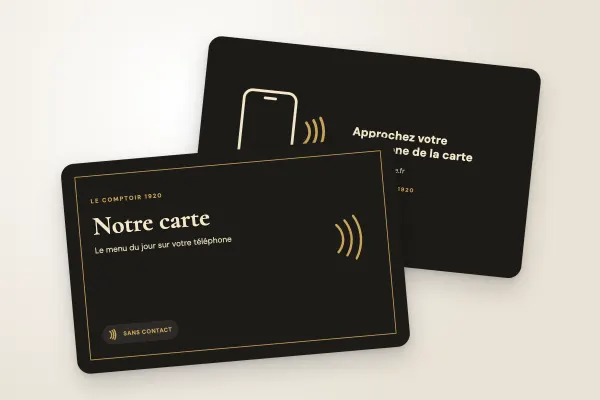 Design « Le Comptoir 1920 » pour carte NFC à commander en ligne (restaurants et cafés, menu connecté, noir et or)