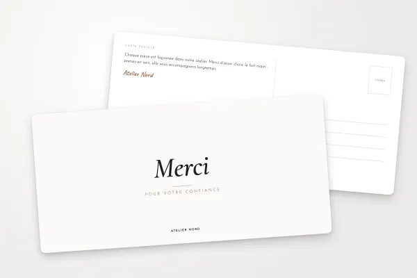 Design « Atelier Nord » pour carte postale à commander en ligne (boutiques et e-commerce, grand blanc, filet et italique · dl (10 × 21 cm))