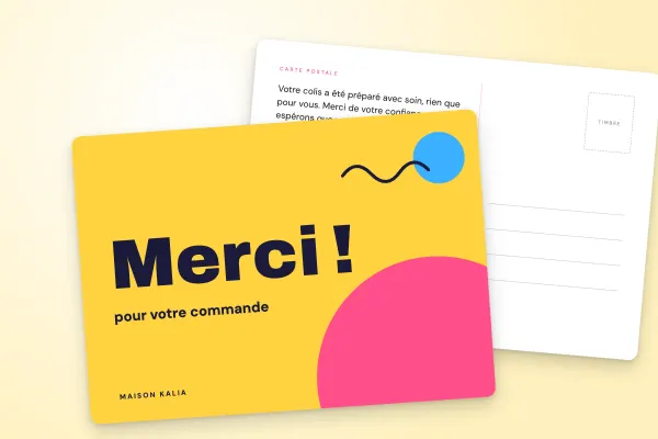 Design « Maison Kalia » pour carte postale à commander en ligne (boutiques et e-commerce, « merci ! » géant, jaune et rose · a6 (10 × 15 cm))