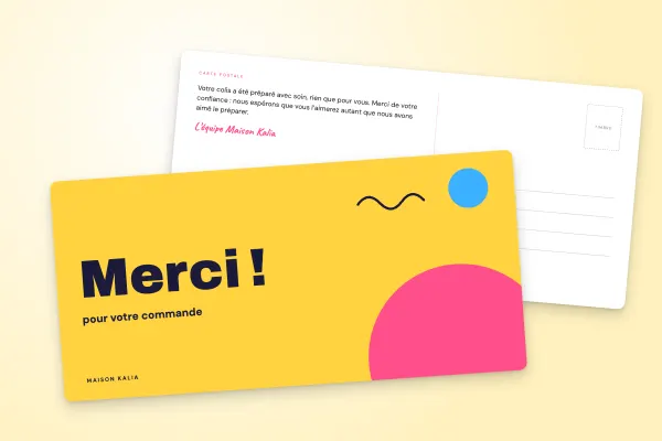 Design « Maison Kalia » pour carte postale à commander en ligne (boutiques et e-commerce, « merci ! » géant, jaune et rose · dl (10 × 21 cm))