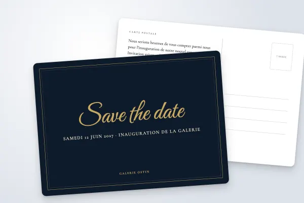 Design « Galerie Ostin » pour carte postale à commander en ligne (invitations et événements, save the date, nuit et or · a6 (10 × 15 cm))