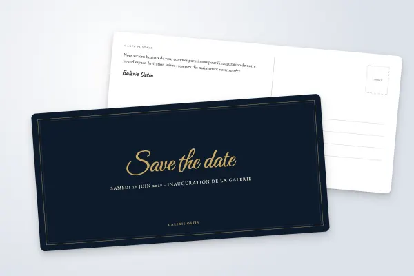 Design « Galerie Ostin » pour carte postale à commander en ligne (invitations et événements, save the date, nuit et or · dl (10 × 21 cm))