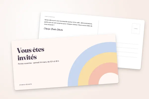 Design « Studio Céleste » pour carte postale à commander en ligne (invitations et événements, arcs pastel, invitation · dl (10 × 21 cm))
