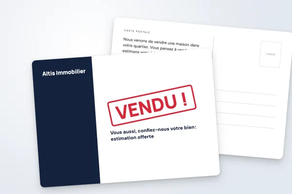 Design « Altis Immobilier » pour carte postale à commander en ligne (immobilier et services, tampon « vendu », bleu marine · a6 (10 × 15 cm))