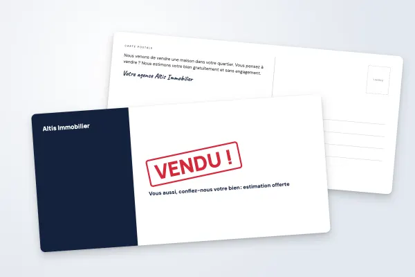 Design « Altis Immobilier » pour carte postale à commander en ligne (immobilier et services, tampon « vendu », bleu marine · dl (10 × 21 cm))