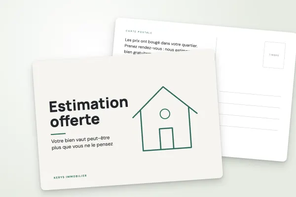 Design « Kerys Immobilier » pour carte postale à commander en ligne (immobilier et services, maison au trait, vert sauge · a6 (10 × 15 cm))