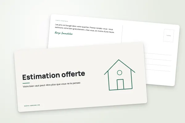 Design « Kerys Immobilier » pour carte postale à commander en ligne (immobilier et services, maison au trait, vert sauge · dl (10 × 21 cm))