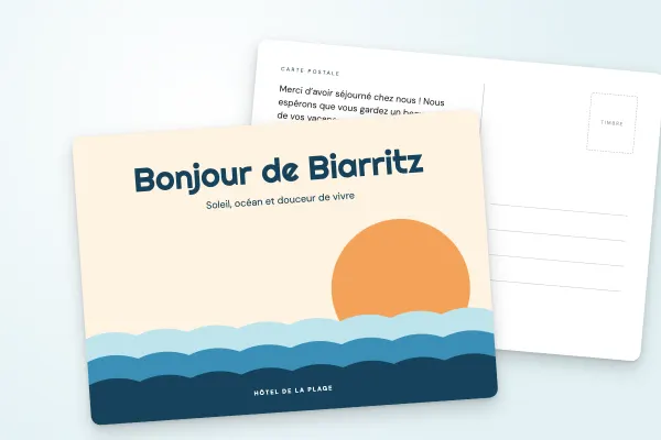Design « Hôtel de la Plage » pour carte postale à commander en ligne (tourisme, hôtels et restaurants, soleil et vagues, esprit rétro · a6 (10 × 15 cm))