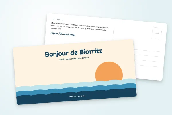 Design « Hôtel de la Plage » pour carte postale à commander en ligne (tourisme, hôtels et restaurants, soleil et vagues, esprit rétro · dl (10 × 21 cm))