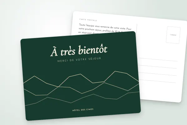 Design « Hôtel des Cimes » pour carte postale à commander en ligne (tourisme, hôtels et restaurants, montagnes au trait, vert sapin · a6 (10 × 15 cm))