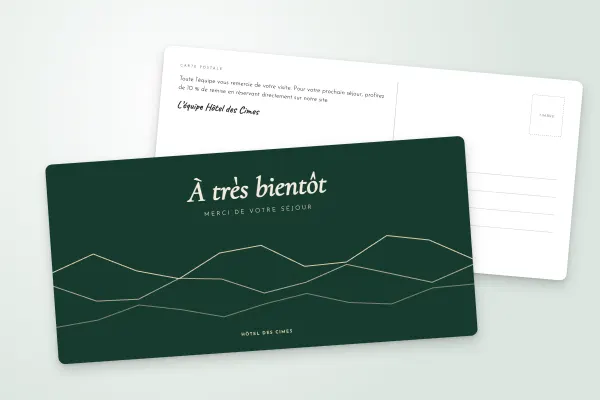 Design « Hôtel des Cimes » pour carte postale à commander en ligne (tourisme, hôtels et restaurants, montagnes au trait, vert sapin · dl (10 × 21 cm))