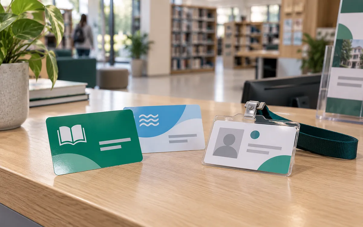 Carte de bibliothèque, carte de piscine et badge agent en PVC sur le comptoir d’un équipement public