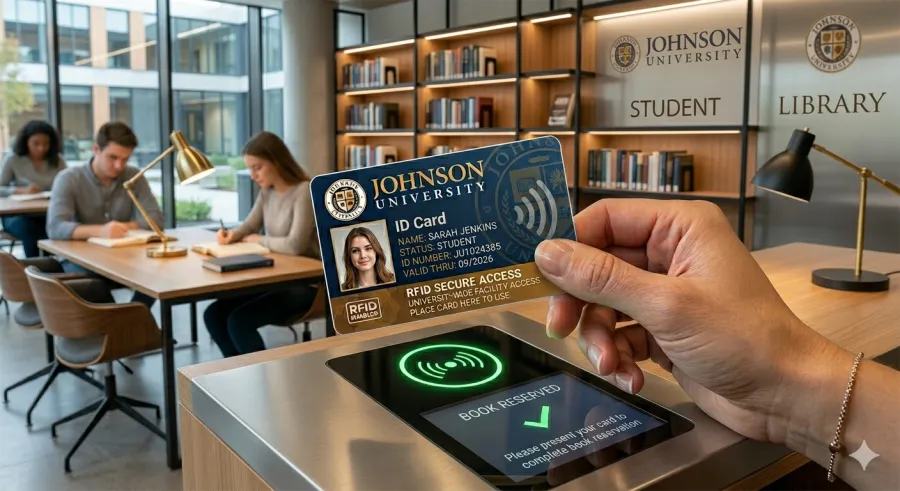 Carte étudiant avec photo posée sur un comptoir d'accueil scolaire