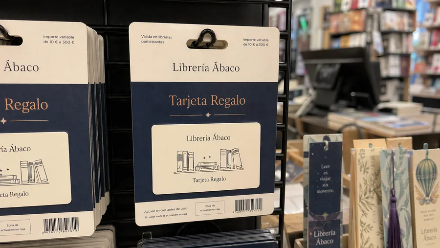 Cartes cadeaux libellées Tarjeta Regalo sur leur support carton, suspendues à un présentoir près de la caisse d'une librairie